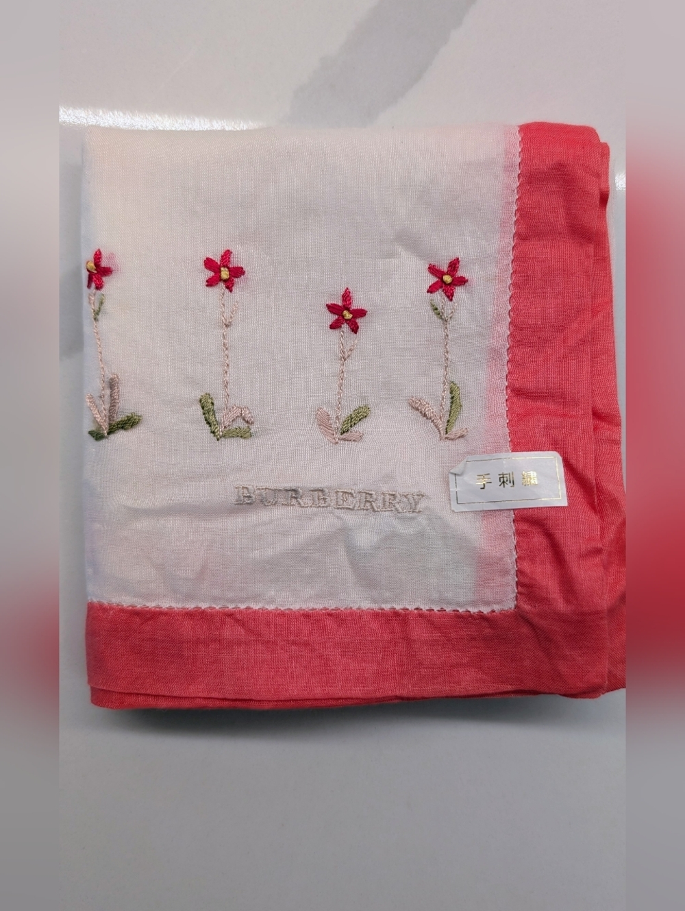 Burberry White & Pink Floral Embroidered Scarf